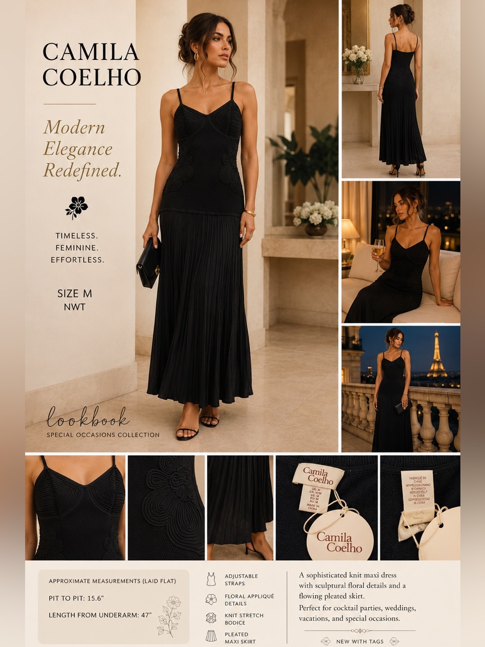 NWT Camila Coelho Black Knit Maxi Dress Textured Floral Pleated Medium